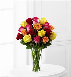 18 Mixed Color Roses in a Vase 