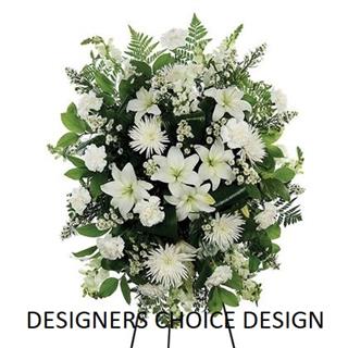 Economy Sympathy Spray on Easel: WHITE FLOWERS> Designer Chooses flowers & style(can add 1 color aswell if choosen at order) design vary from picture Flower Bouquet
