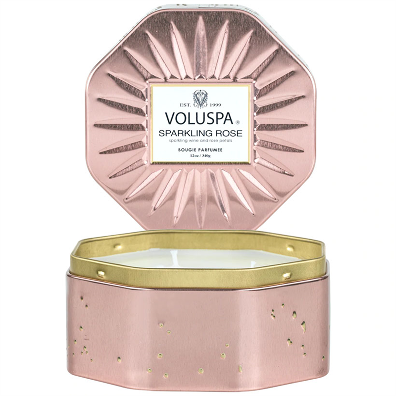 SPARKLING ROSE 3 WICK OCTAGON TIN CANDLE