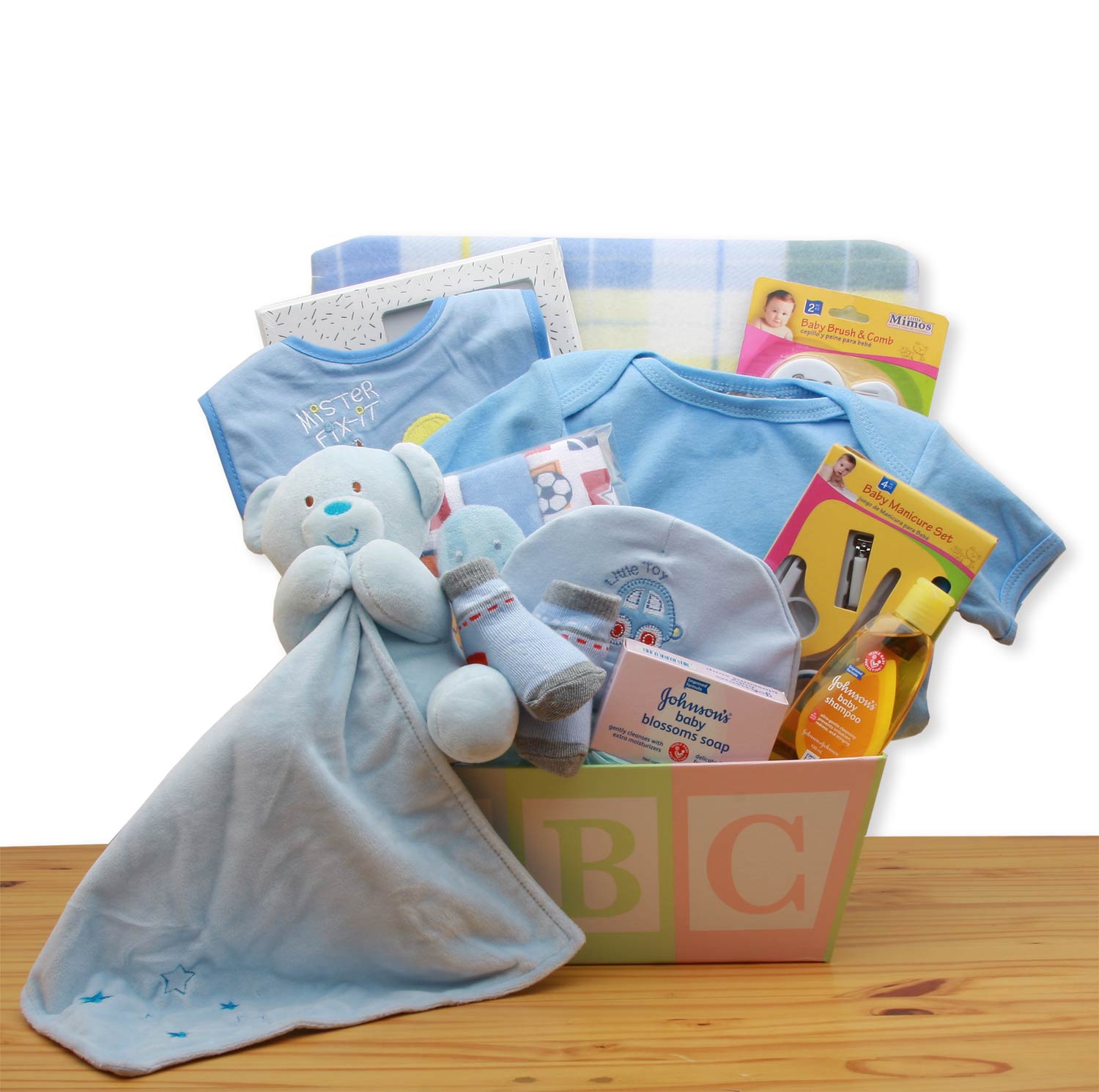 Easy as ABC New Baby Gift Basket - Blue Flower Bouquet