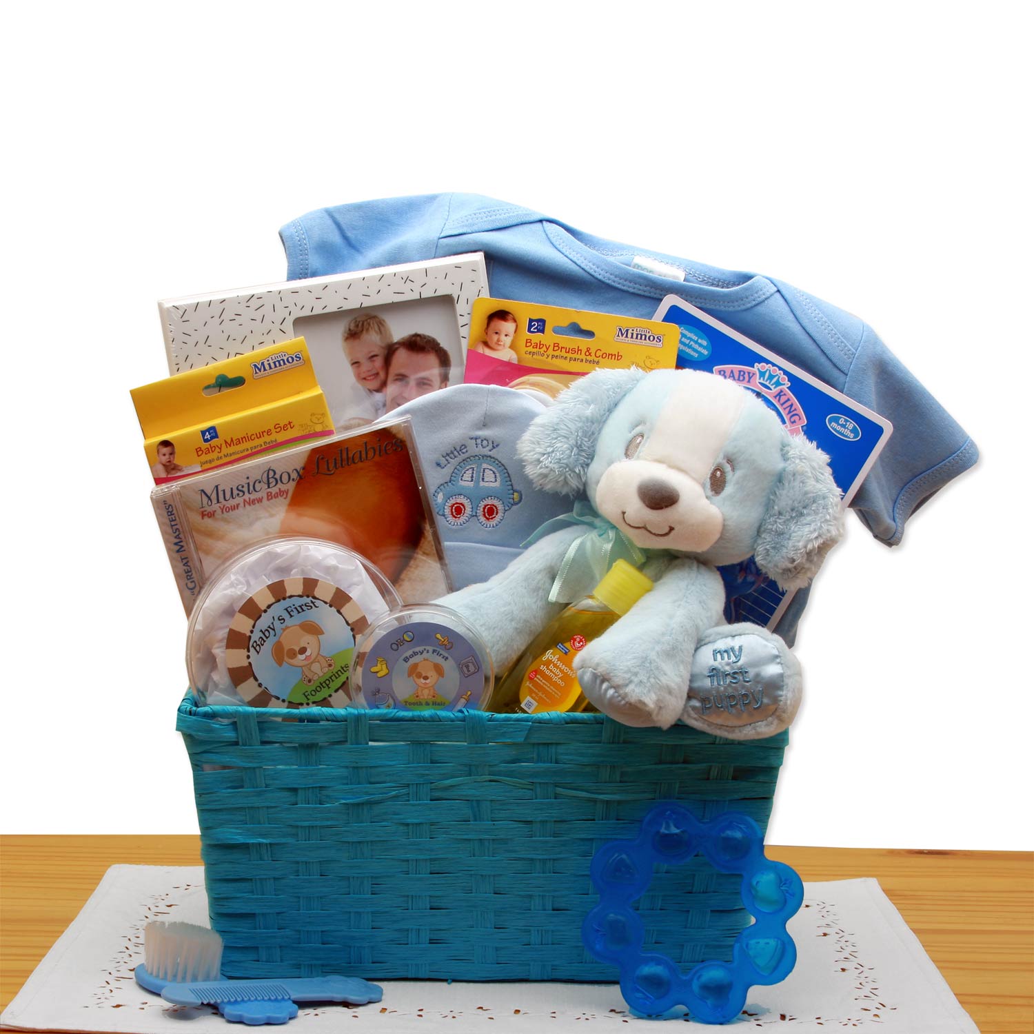 Puppy Love New Baby Gift Basket - Blue Flower Bouquet
