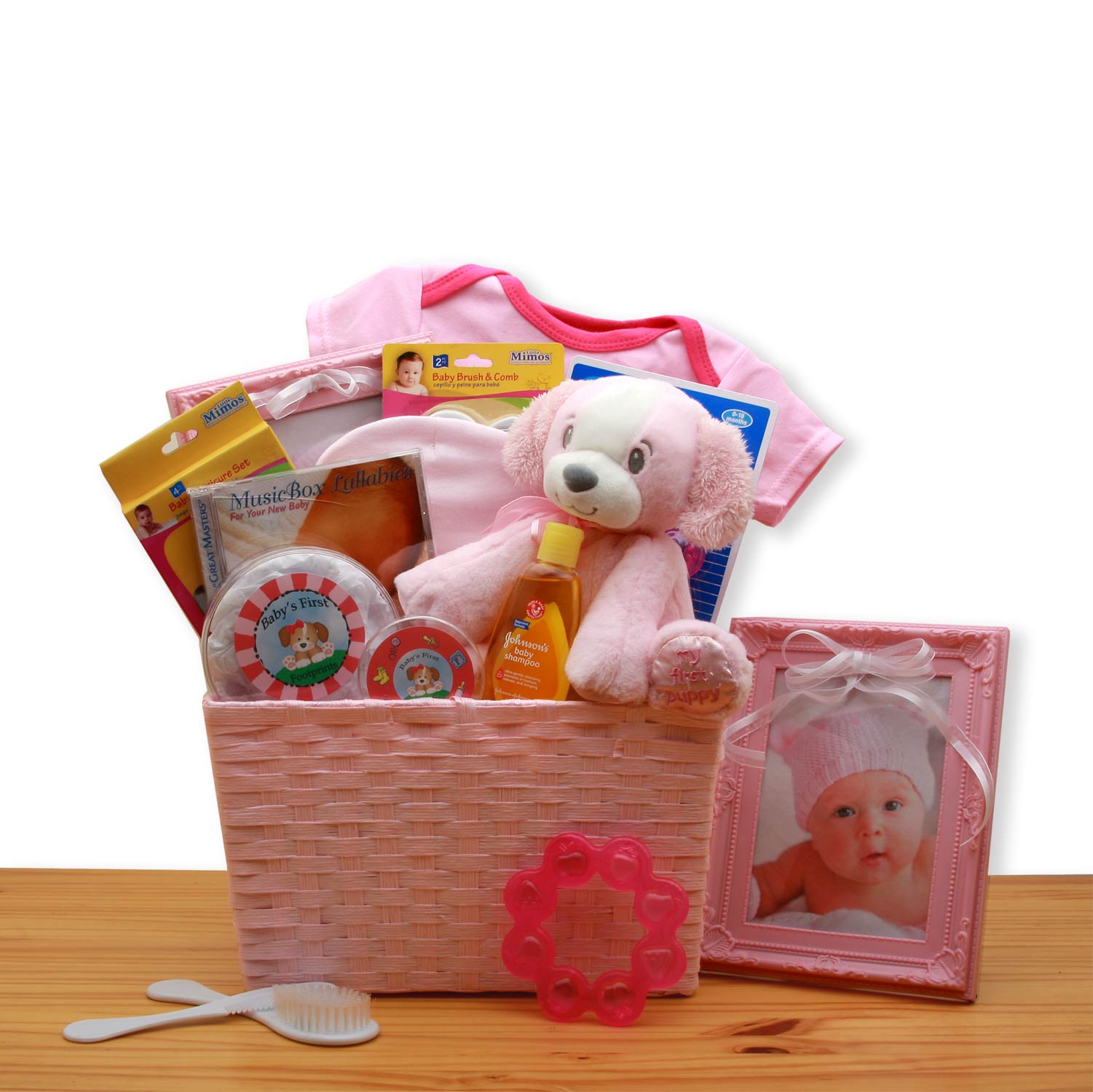 Puppy Love New Baby Gift Basket - Pink Flower Bouquet