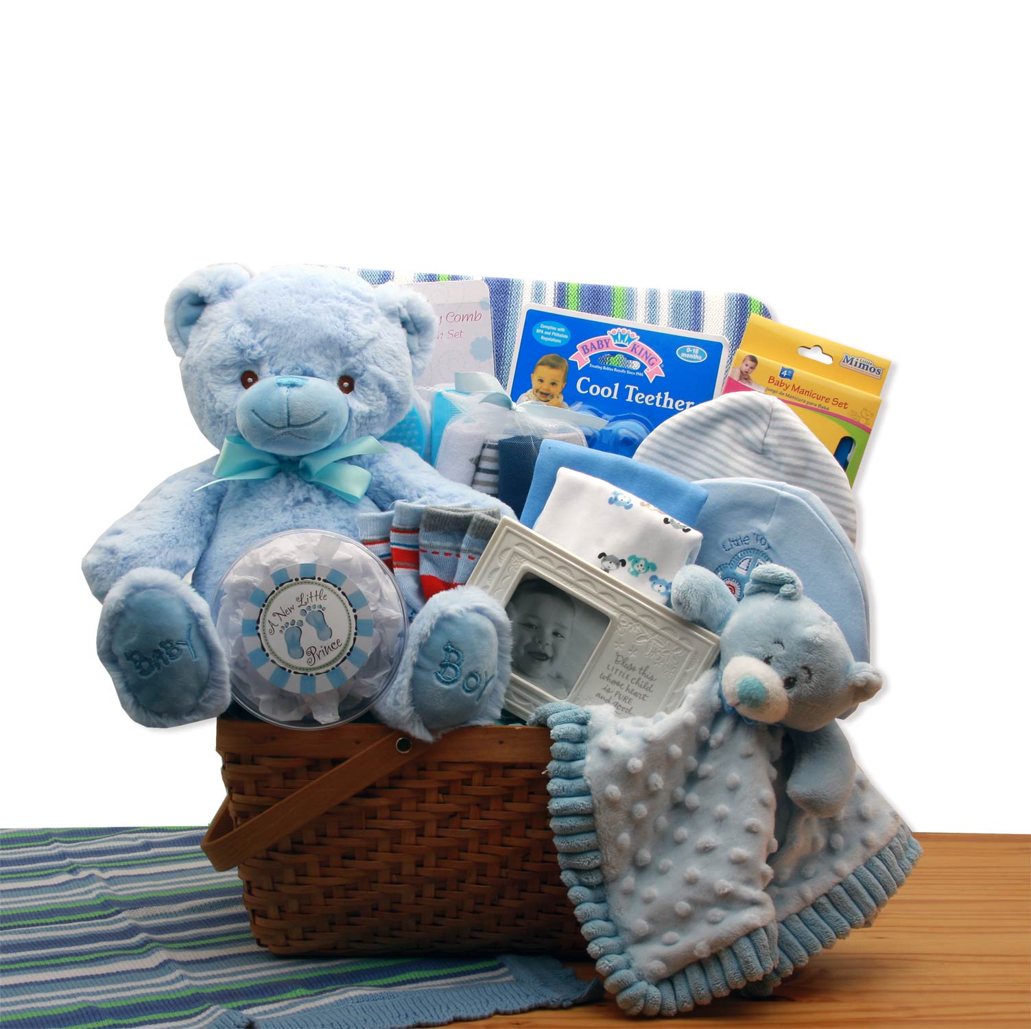 My First Teddy Bear New Baby Gift Basket - Blue Flower Bouquet