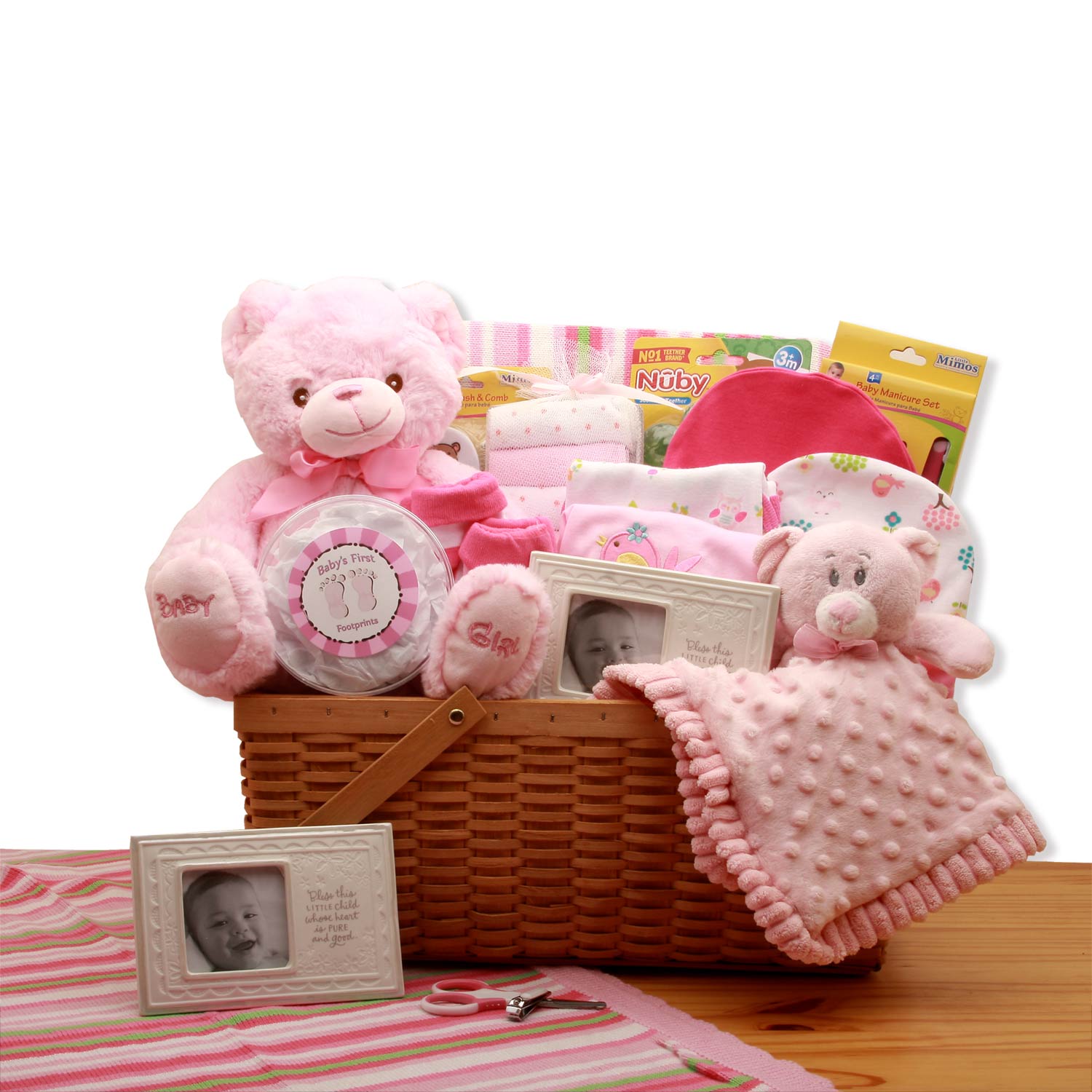 My First Teddy Bear New Baby Gift Basket - Pink Flower Bouquet