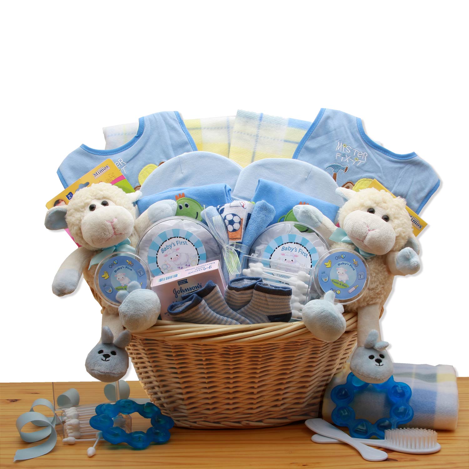 Double Delight  Twins New Baby Gift Basket - Blue Flower Bouquet