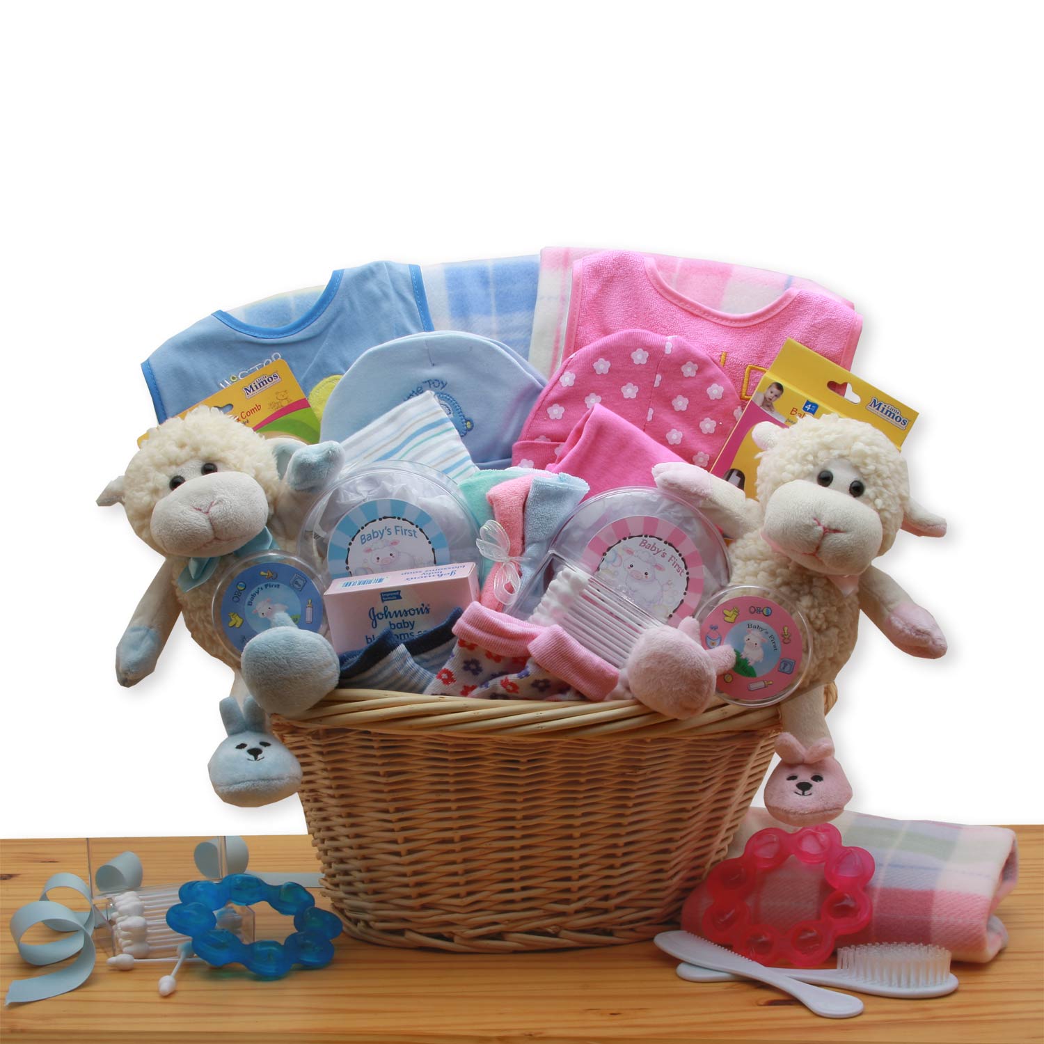 Double Delight Twins New Baby Gift Basket -Pink/Blue Flower Bouquet