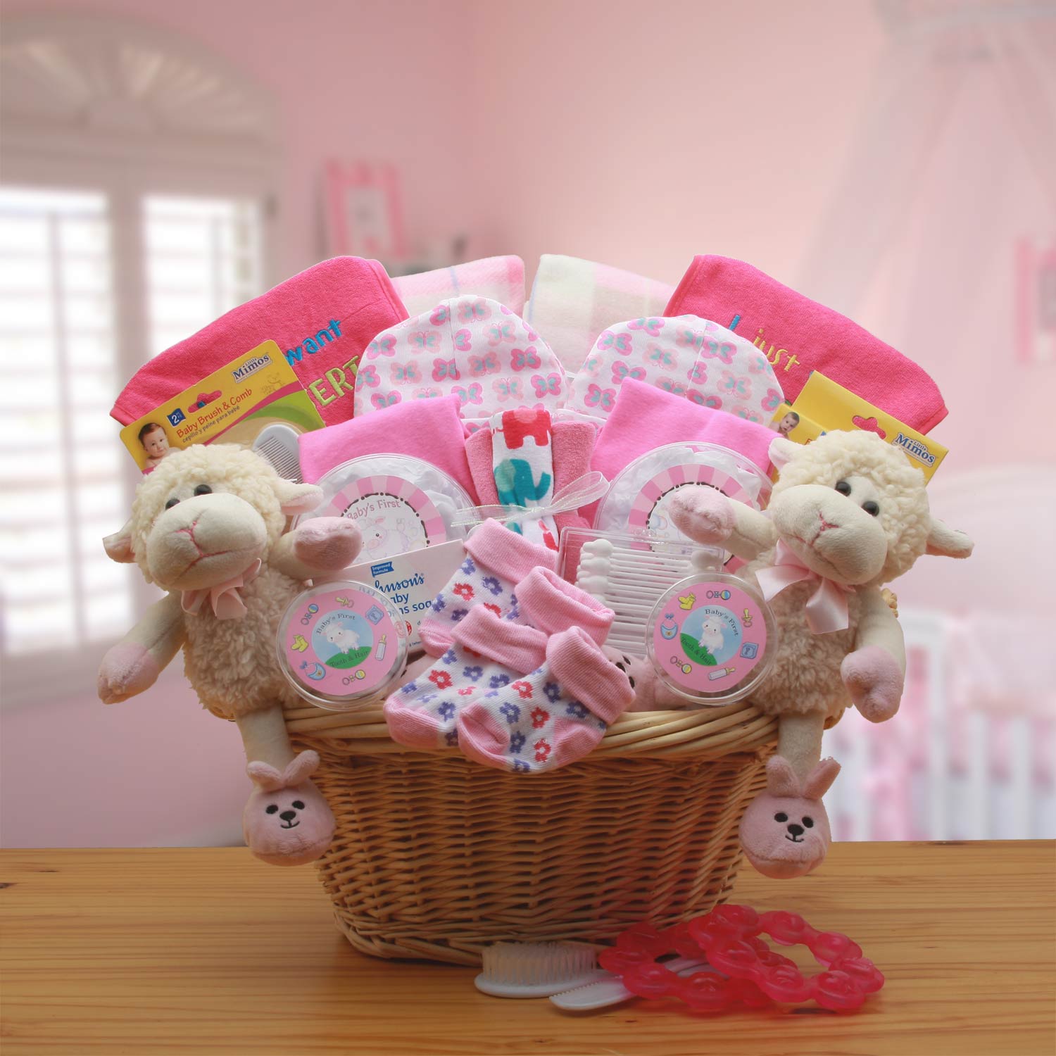 Double Delight Twins New Babies Gift Basket - Pink Flower Bouquet
