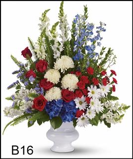 B16 Red, White and Blue Urn Arrangement Flower Bouquet