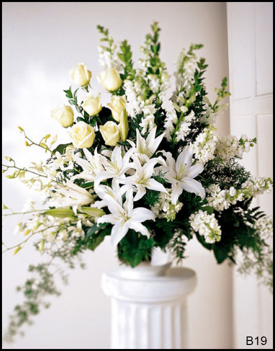 B19 Premium All White Pedestal Tribute Flower Bouquet