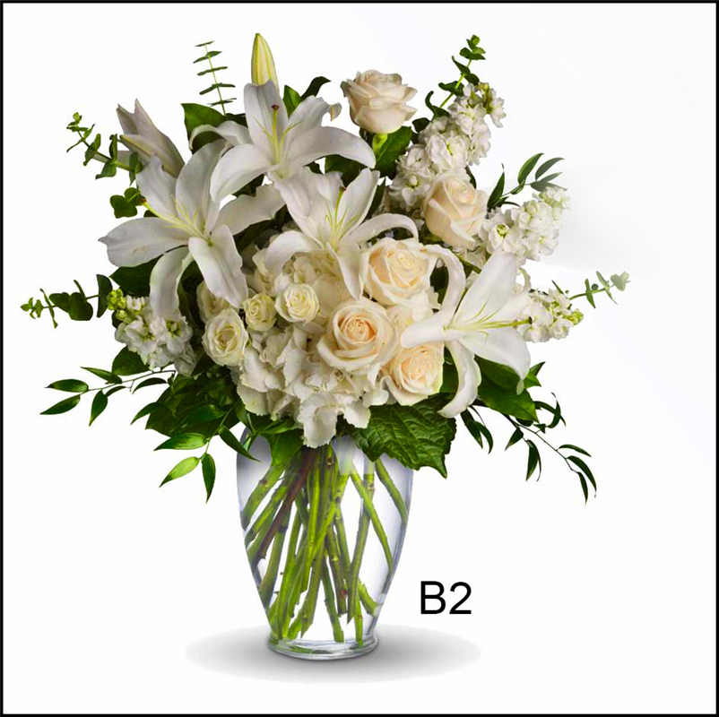 B2 Beautiful All White Sympathy Vase Flower Bouquet