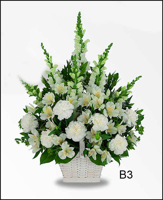 B3 All White Sympathy Basket Flower Bouquet