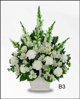 B3 All White Sympathy Basket Flower Bouquet