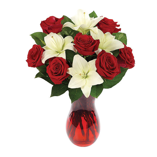 Classic Red Roses and White Lily Vased Flower Bouquet