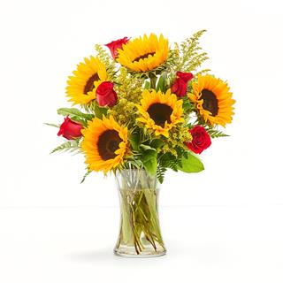 Brilliant Sunflowers and Red Roses