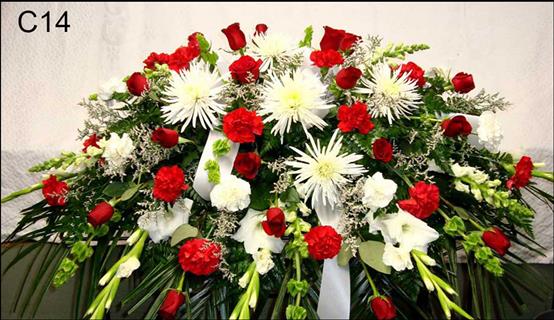 C14 Red and White Classic Casket Spray Flower Bouquet