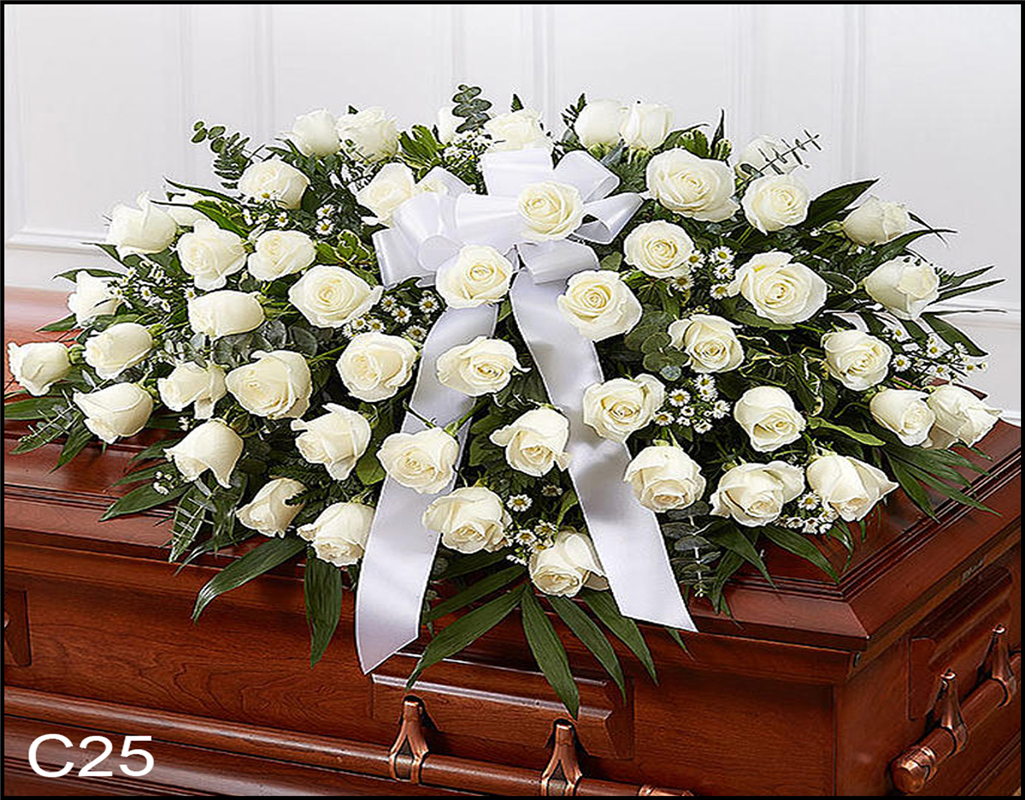 C25 All White Rose Casket Spray Flower Bouquet
