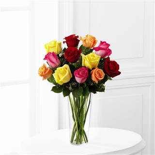 Dozen Mixed Color Roses in a Vase