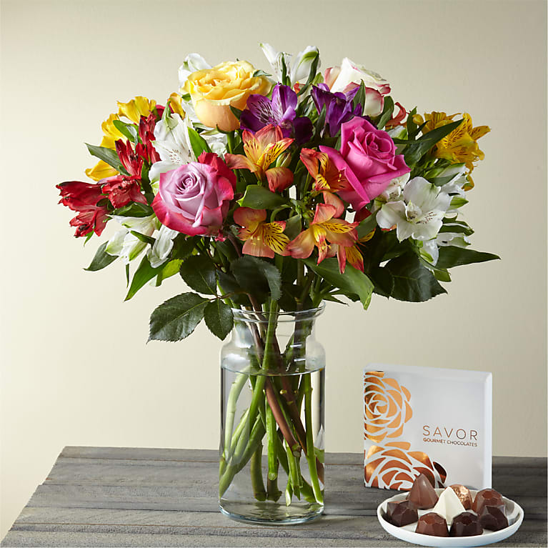 Smiles and Sunshine Bouquet with Glass Vase and Box of Chocolates Flower Bouquet
