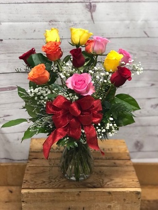 Mixed Color Roses in Clear Vase