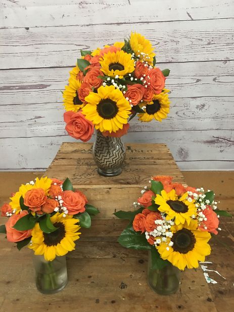 Rustic Sunflower and Orange Rose Wedding Flowers