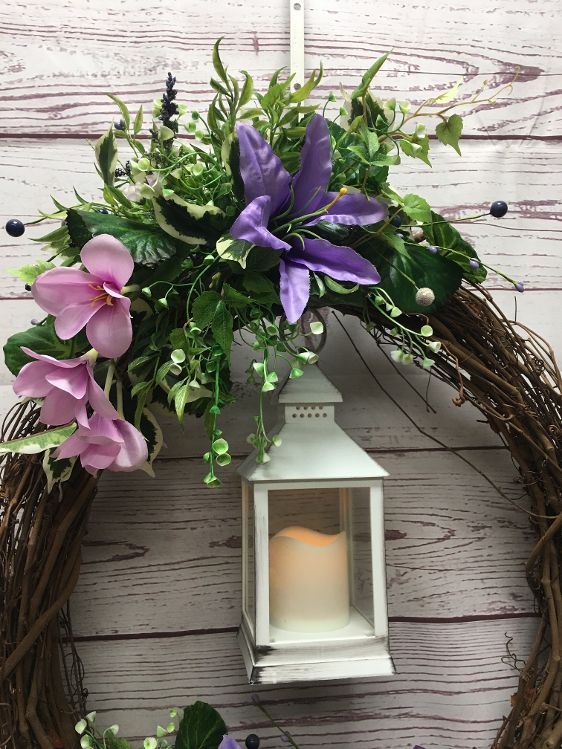 Purple Silk Wreath With White LED Lantern