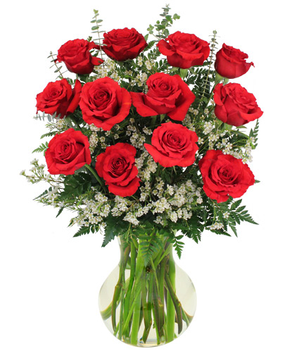 Red Roses and Wispy Whites Flower Bouquet