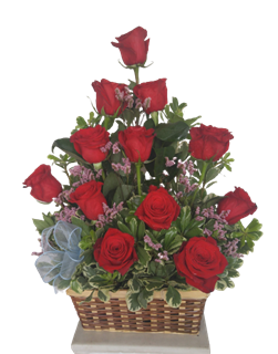 One Dozen Red Roses in Basket