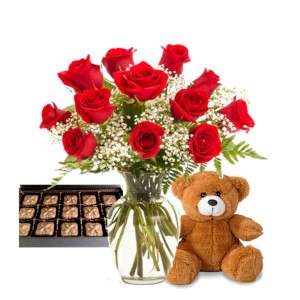 One Dozen Roses with Stuffy & Chocolates Combo