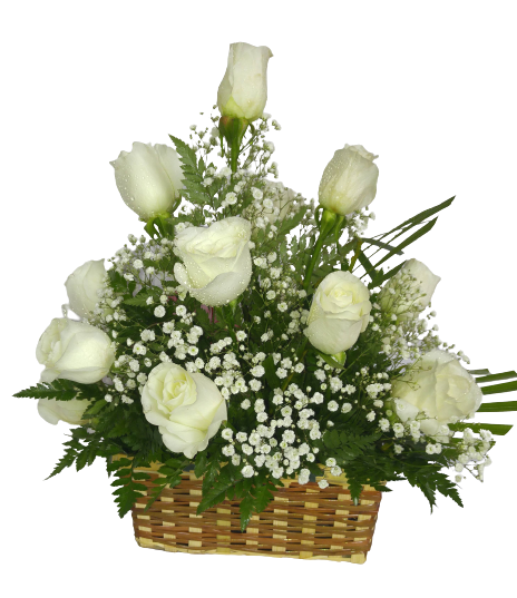 One Dozen White Roses in Basket