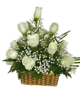One Dozen White Roses in Basket Flower Bouquet