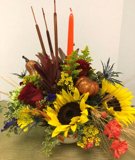 Thanksgiving Blessings Centerpiece with Candle Flower Bouquet