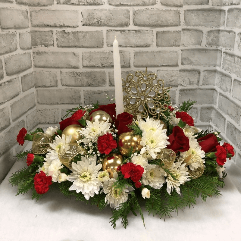 Contemporary Christmas Centerpiece with 1 Candle Flower Bouquet