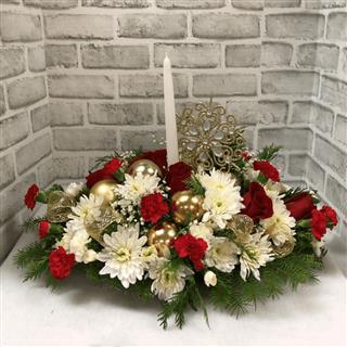 Classy Christmas Centerpiece with 1 Candle Flower Bouquet