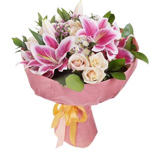 Pink Lilies and Roses Flower Bouquet