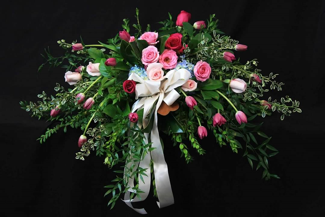 Classic Spring Tulips and Roses Casket Spray Flower Bouquet