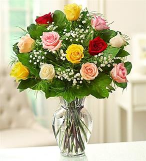 Dozen Mixed Color Roses in a Vase